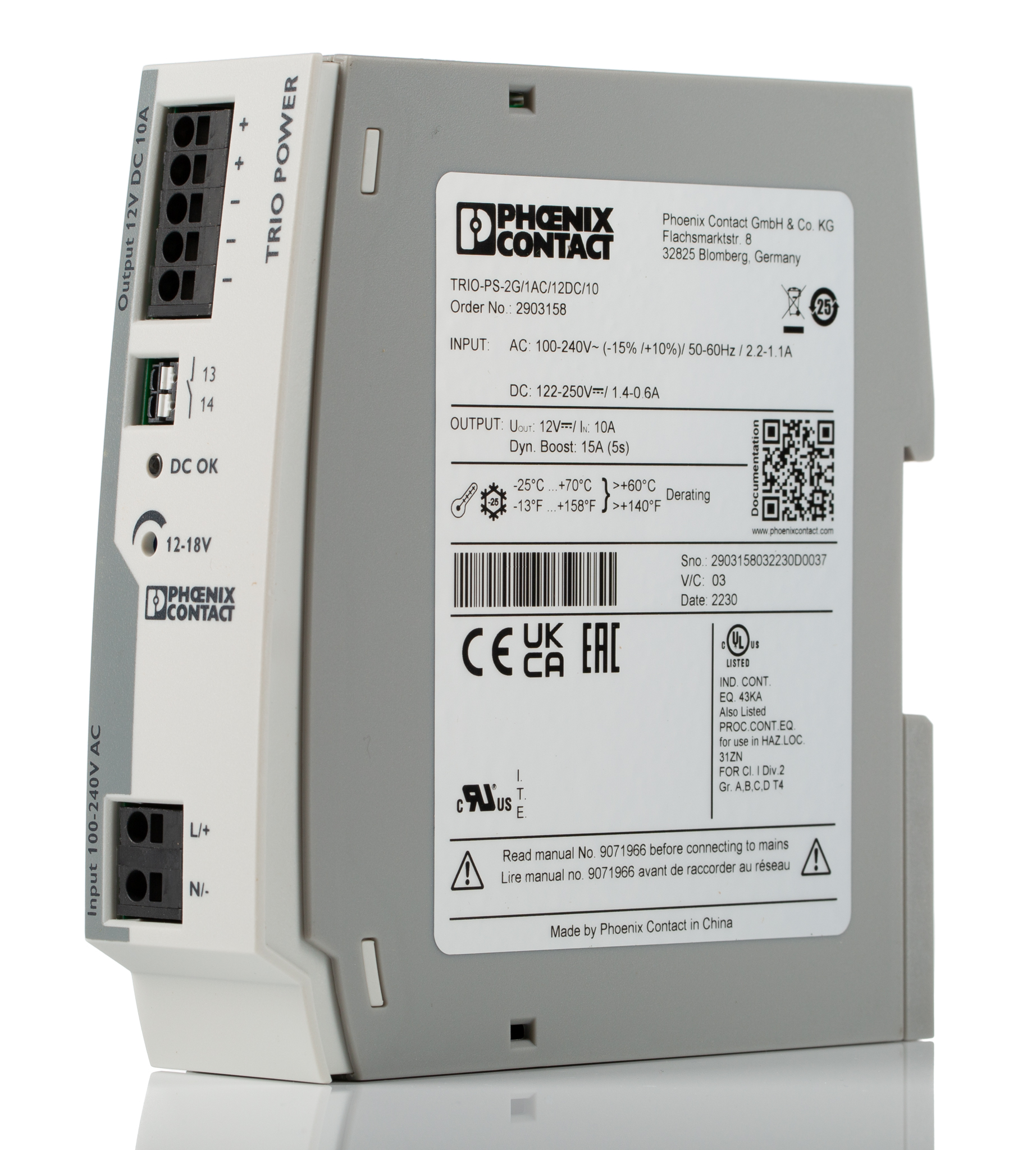 Phoenix Contact TRIO POWER Switched Mode DIN Rail Power Supply, 100 → 240V ac ac Input, 12V dc dc Output, 10A