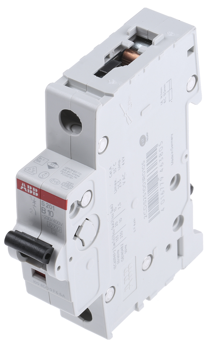 ABB System Pro M Compact S200 MCB, 1P, 10A Curve B, 253V AC, 72V DC, 6 kA Breaking Capacity
