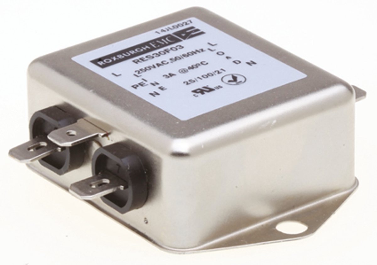 Roxburgh EMC, RES30 3A 250 V ac DC → 400Hz, Chassis Mount RFI Filter, Fast-On, Single Phase