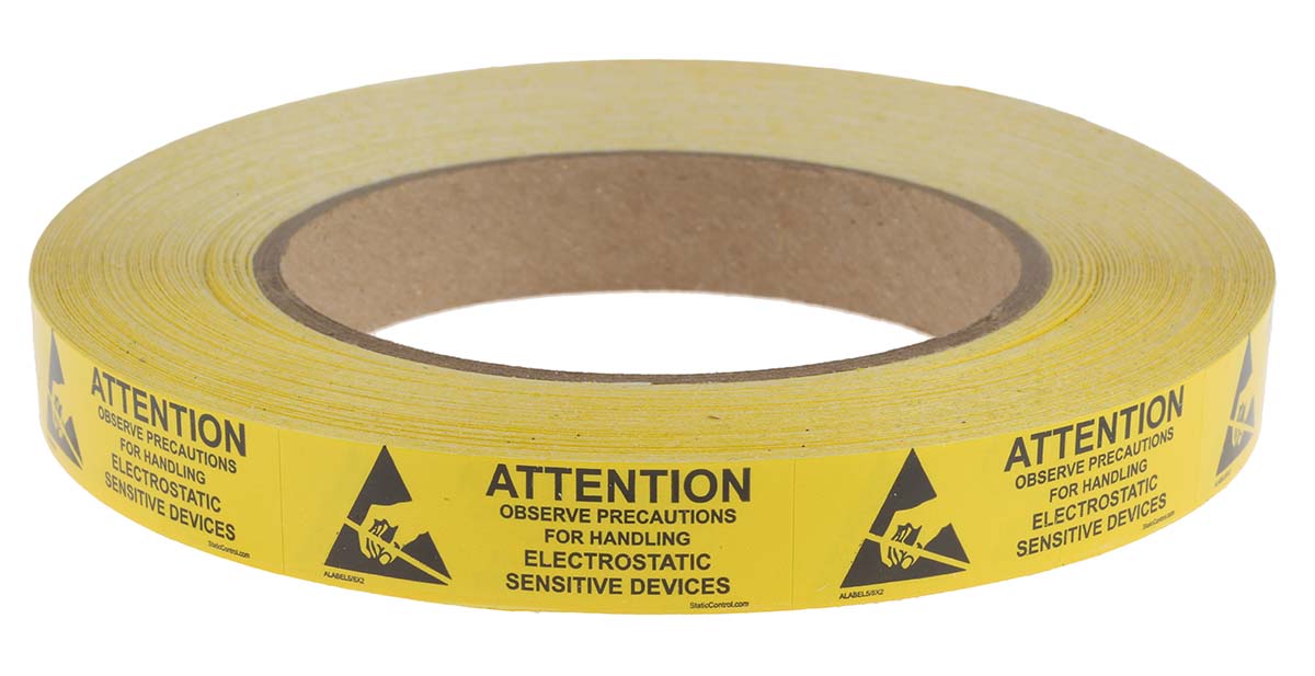 SCS Black, Yellow Paper ESD Label, Observe Precautions for Handling Electrostatic Sensitive Devices-Text 16 mm x 51mm