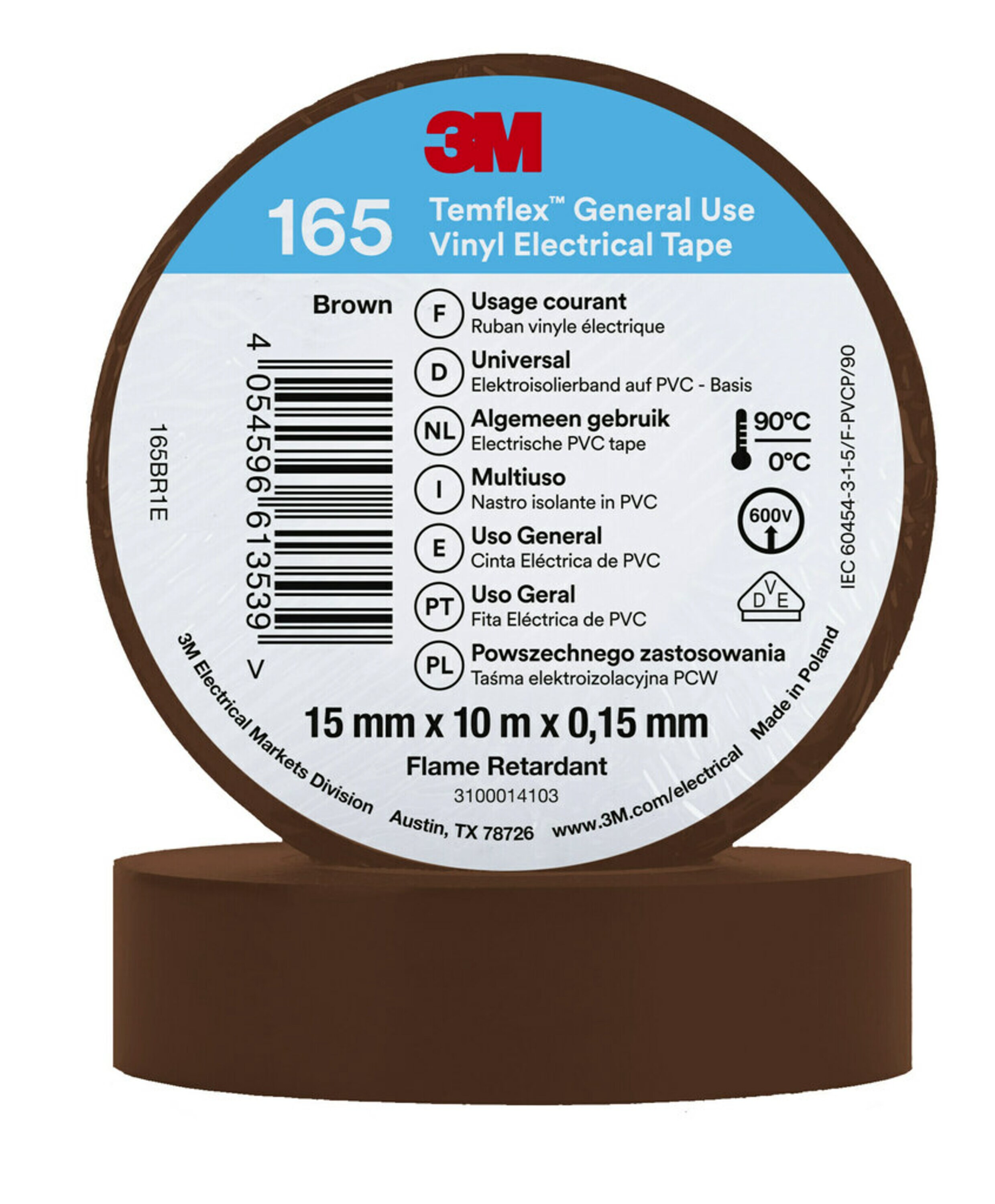 3M Temflex 165 Brown Vinyl Electrical Tape, 15mm x 10m