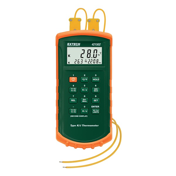 Extech 421502 Dual Input Thermometer for Temperature measurement Use, J, K Probe, 2 Input(s), +2498°F Max, 0.05 %