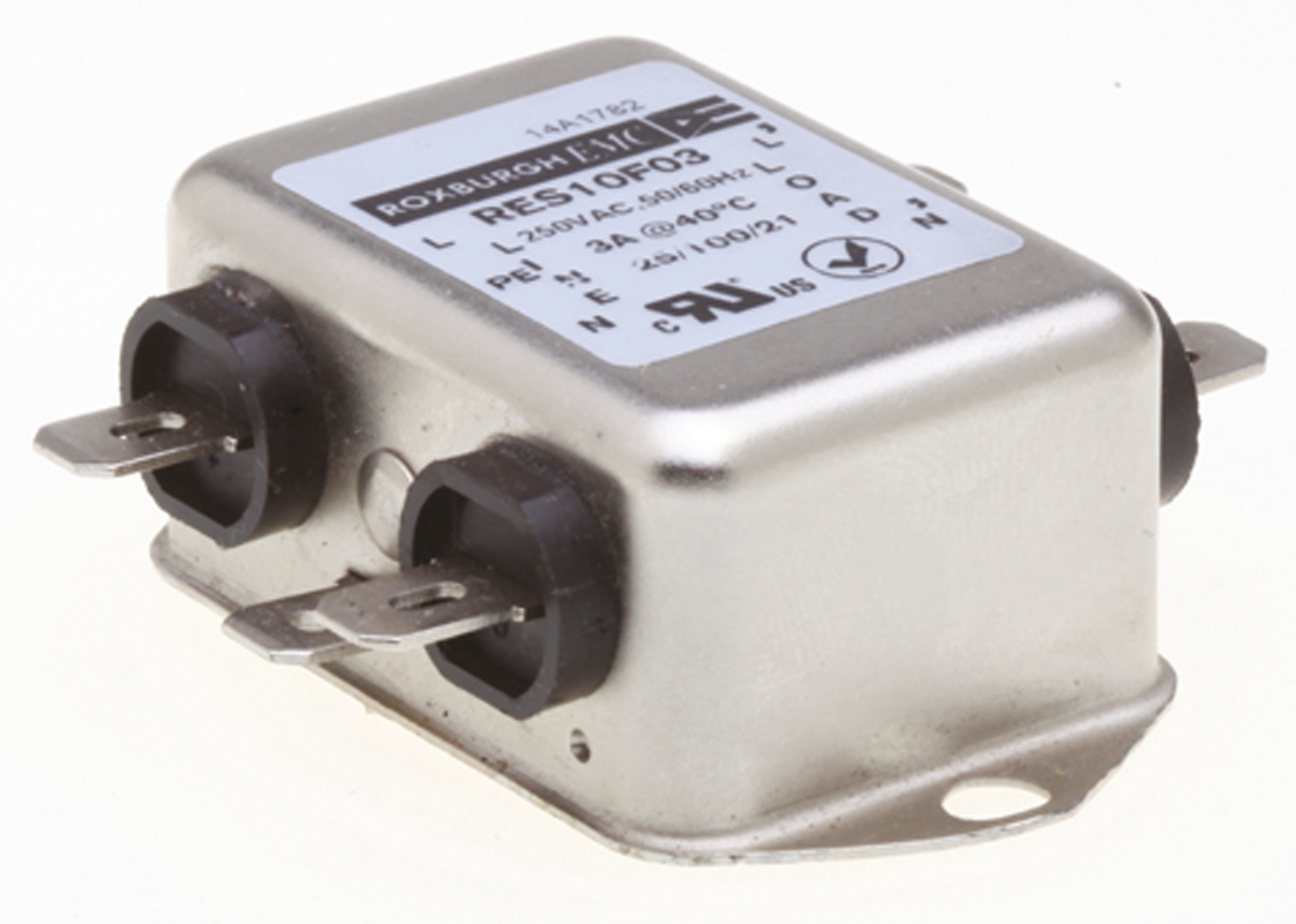 Roxburgh EMC, RES10 3A 250 V ac DC → 400Hz, Chassis Mount RFI Filter, Fast-On, Single Phase