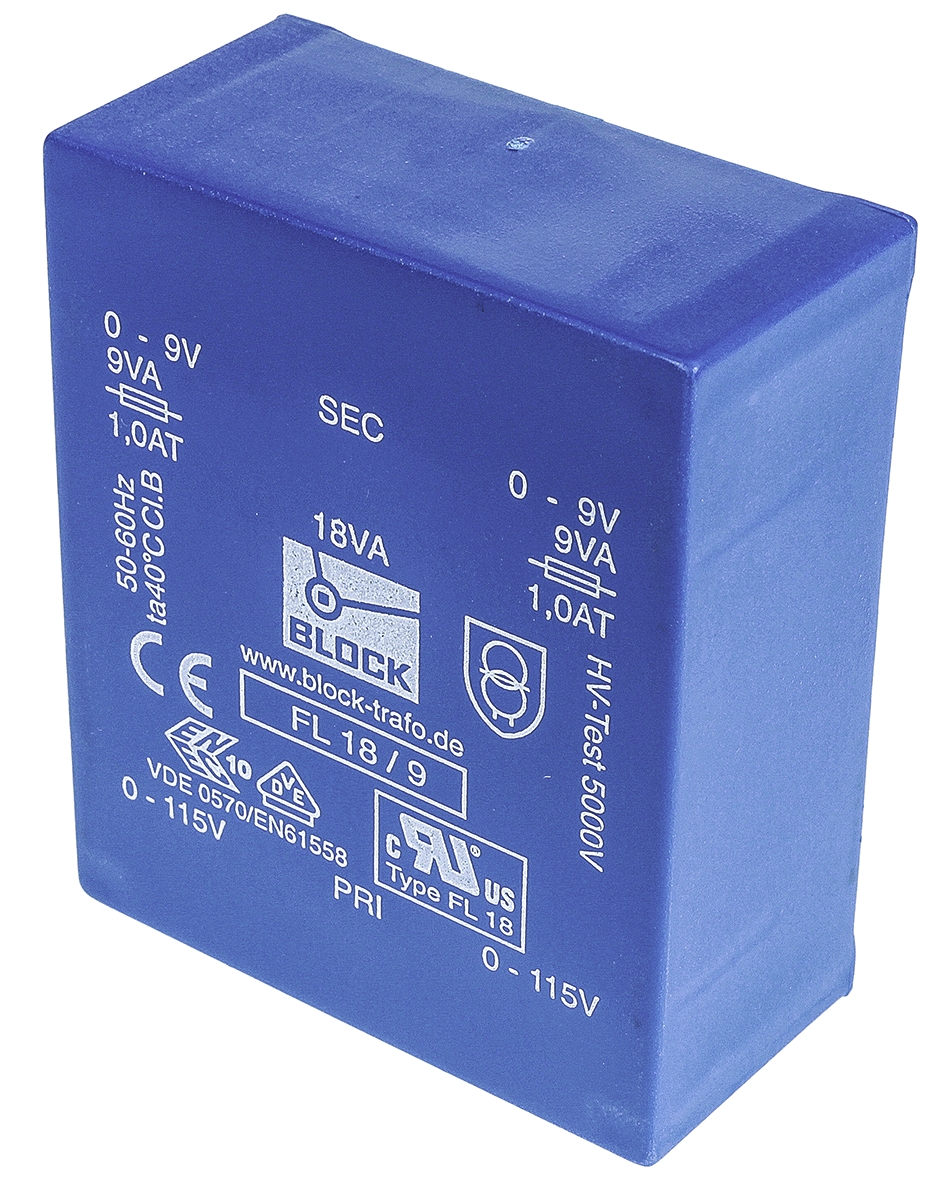 Block 9V ac 2 Output Through Hole PCB Transformer, 18VA