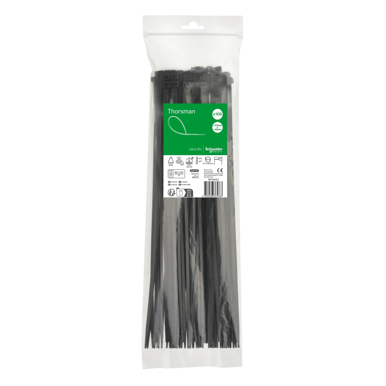 Schneider Electric Cable Tie, , 370mm x 4.8 mm, Black Nylon, Pk-1