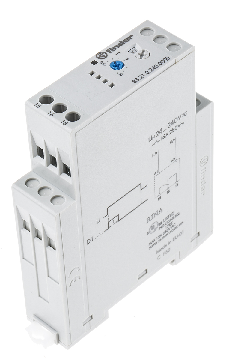 Finder 83 Series Series DIN Rail Mount Timer Relay, 24 → 240V ac/dc, 1-Contact, 0.05-10 min, 0.05-10 h, 0.05-10