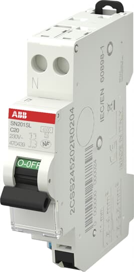 ABB SN201 MCB, 1+N, 20A Curve C, 230V AC, 4.5 kA Breaking Capacity