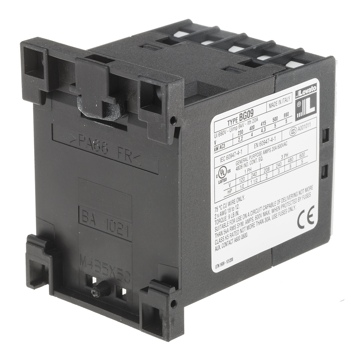 Lovato Orange BG Contactor, 400 V ac Coil, 3-Pole, 9 A, 4 kW, 3NO + 1NO, 600 V ac