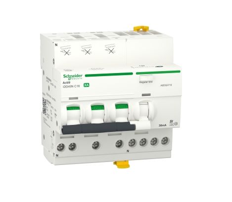 Schneider Electric RCBO, 16A Current Rating, 3P+N Poles, 30mA Trip Sensitivity, Type C, Acti9 Range