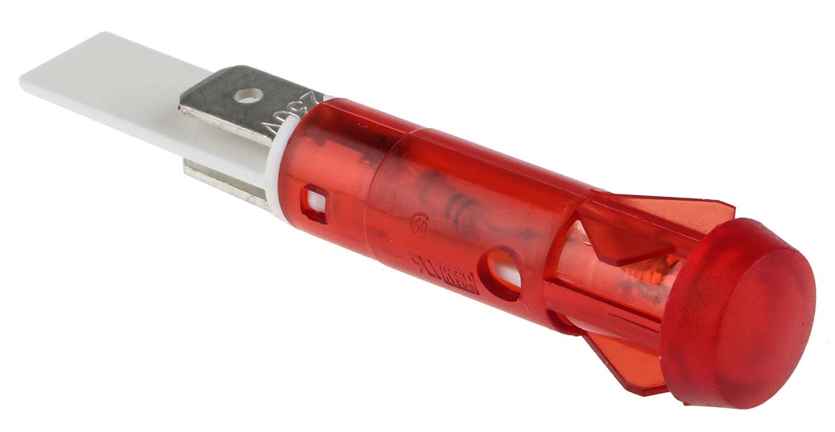 Arcolectric (Bulgin) Ltd 0276 Series Red Neon Panel Mount Indicator, 230V ac, 9.5mm Mounting Hole Size, Solder Tab