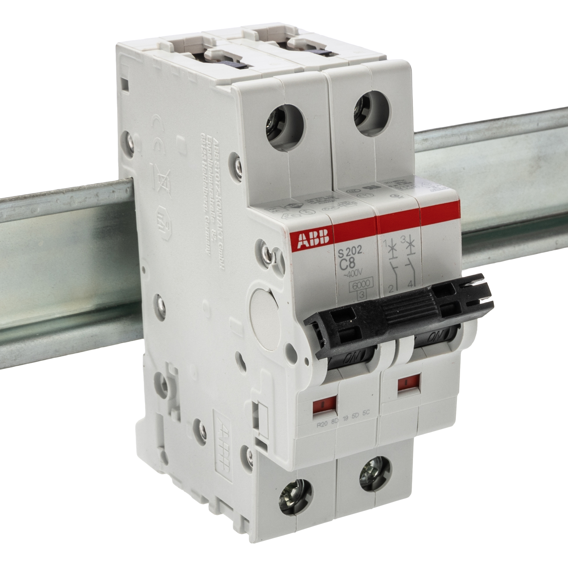 ABB System Pro M Compact S200 MCB, 2P, 8A Curve C, 400V AC, 125V DC, 10 kA Breaking Capacity