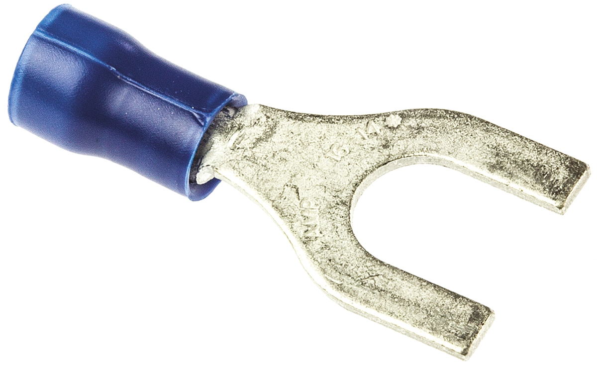 TE Connectivity PLASTI-GRIP Insulated Crimp Spade Connector, 1mm² to 2.6mm², 16AWG to 14AWG, M6 Stud Size PVC, Blue