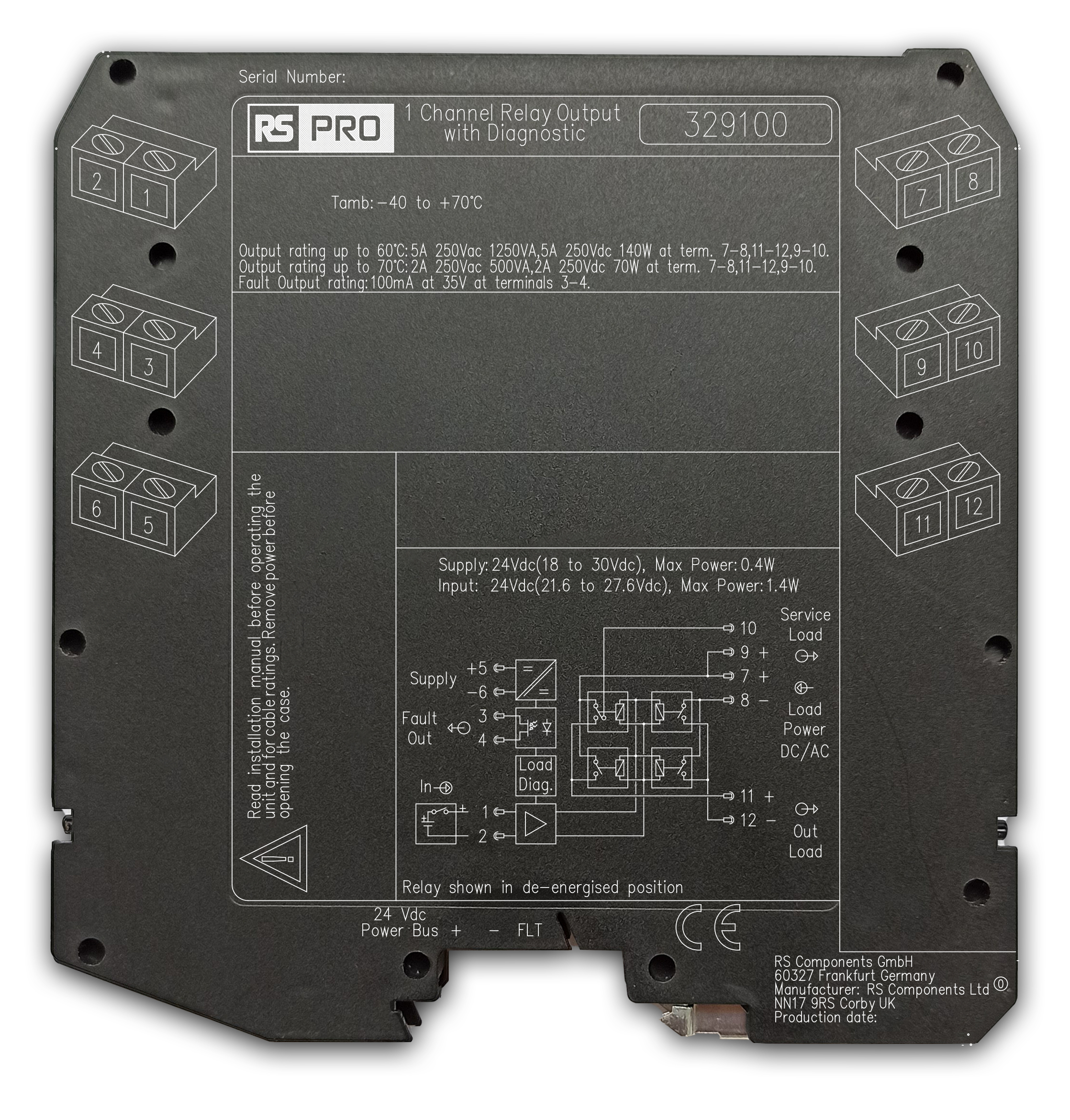 RS PRO 5 A NE/ND Loads with Line Fault Detection 20 Auxiliary Contacts Safety Relay 24V dc, Single Channel
