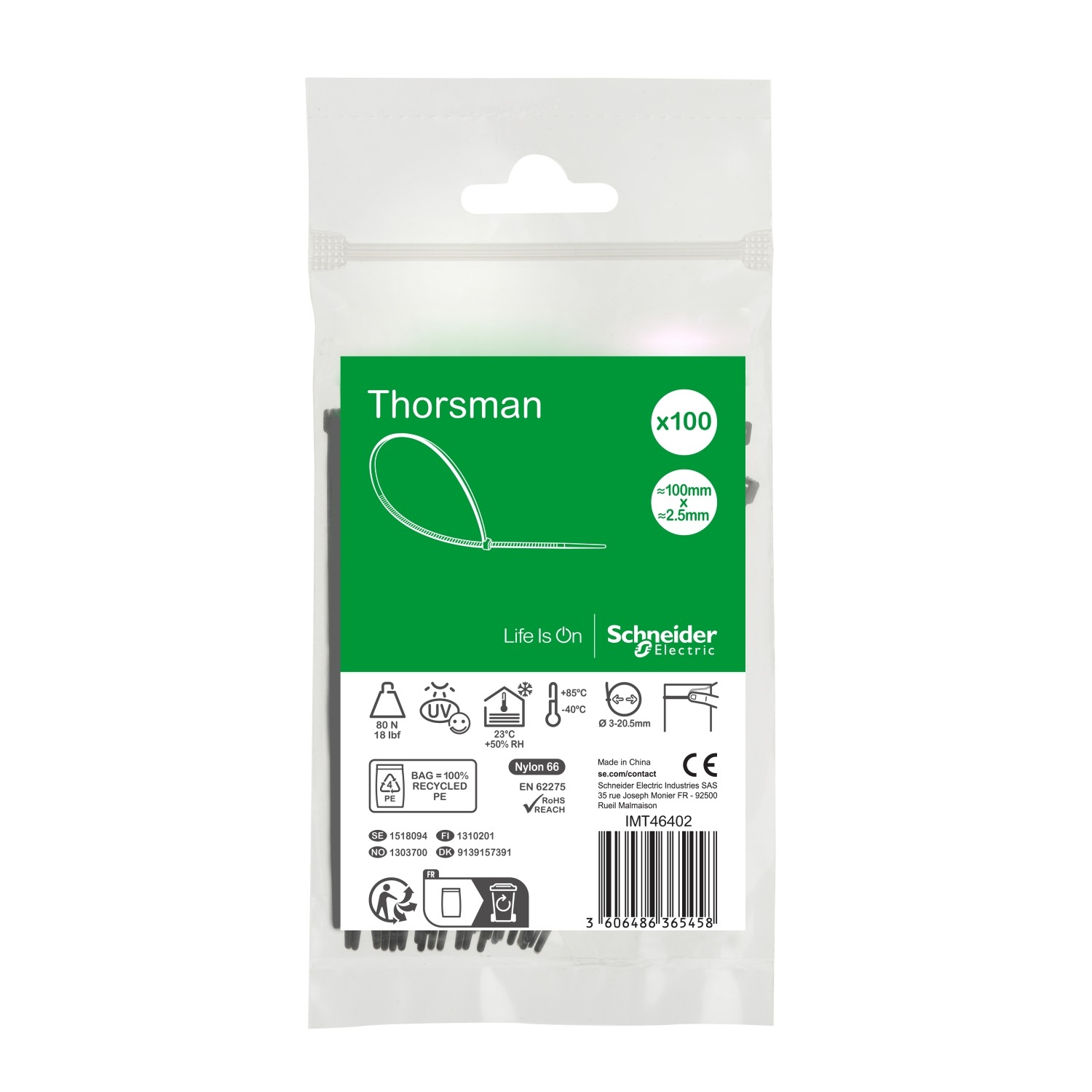 Schneider Electric Cable Tie, , 100mm x 2.5 mm, Black Nylon, Pk-1