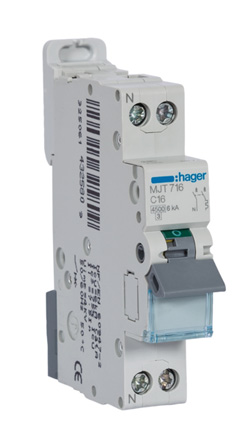 Hager MJT MCB, 2P, 16A Curve C, 240 → 400V AC, 6 kA Breaking Capacity
