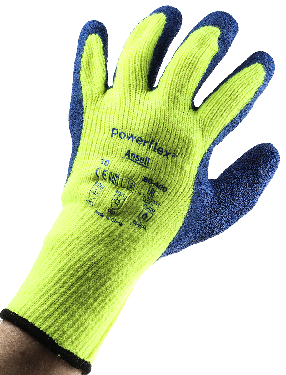 Ansell PowerFlex Yellow Acrylic Work Gloves, Size 10, Latex Coating