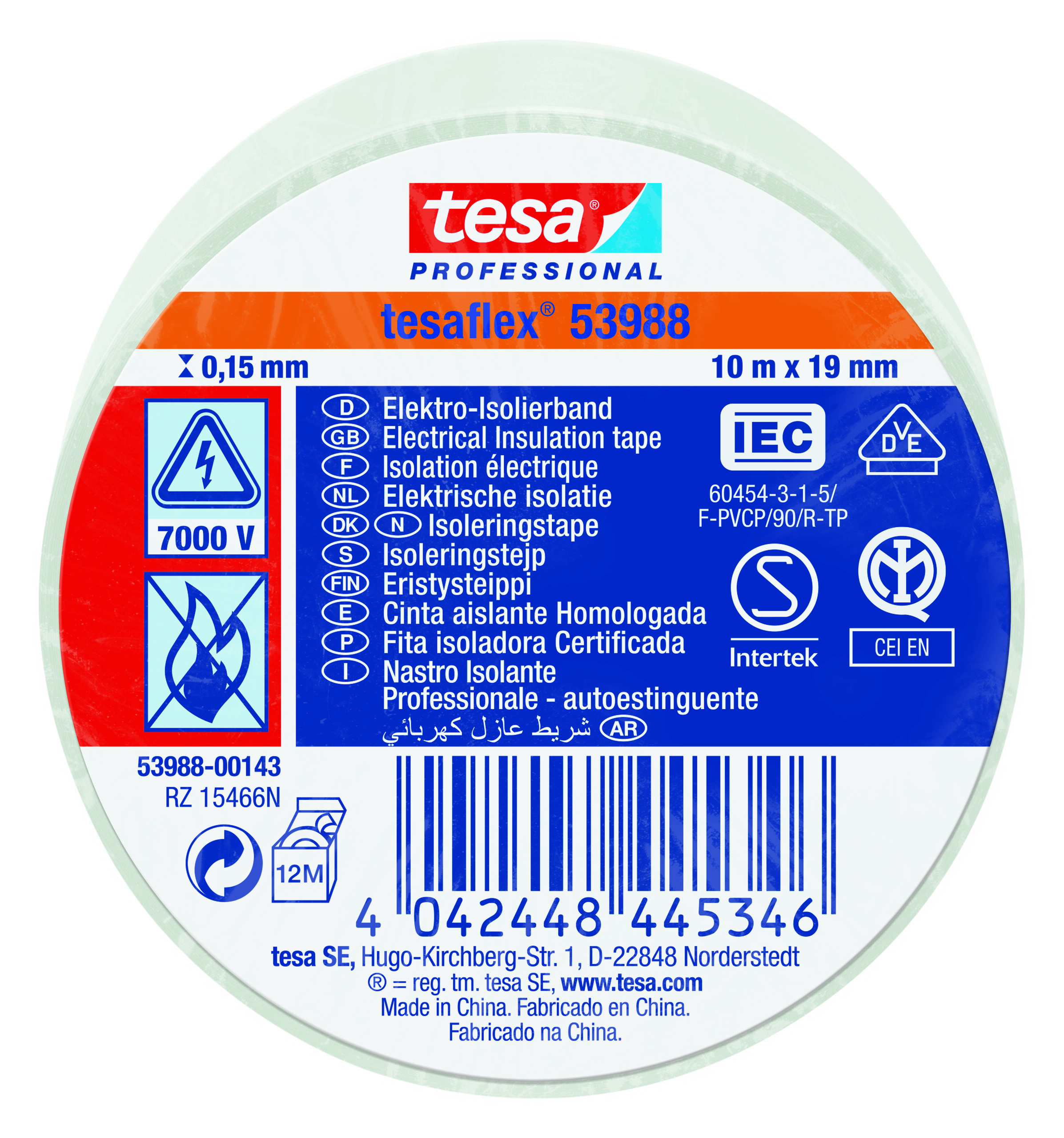 Tesa 53988 White Soft PVC Electrical Insulation Tape, 19mm x 10m