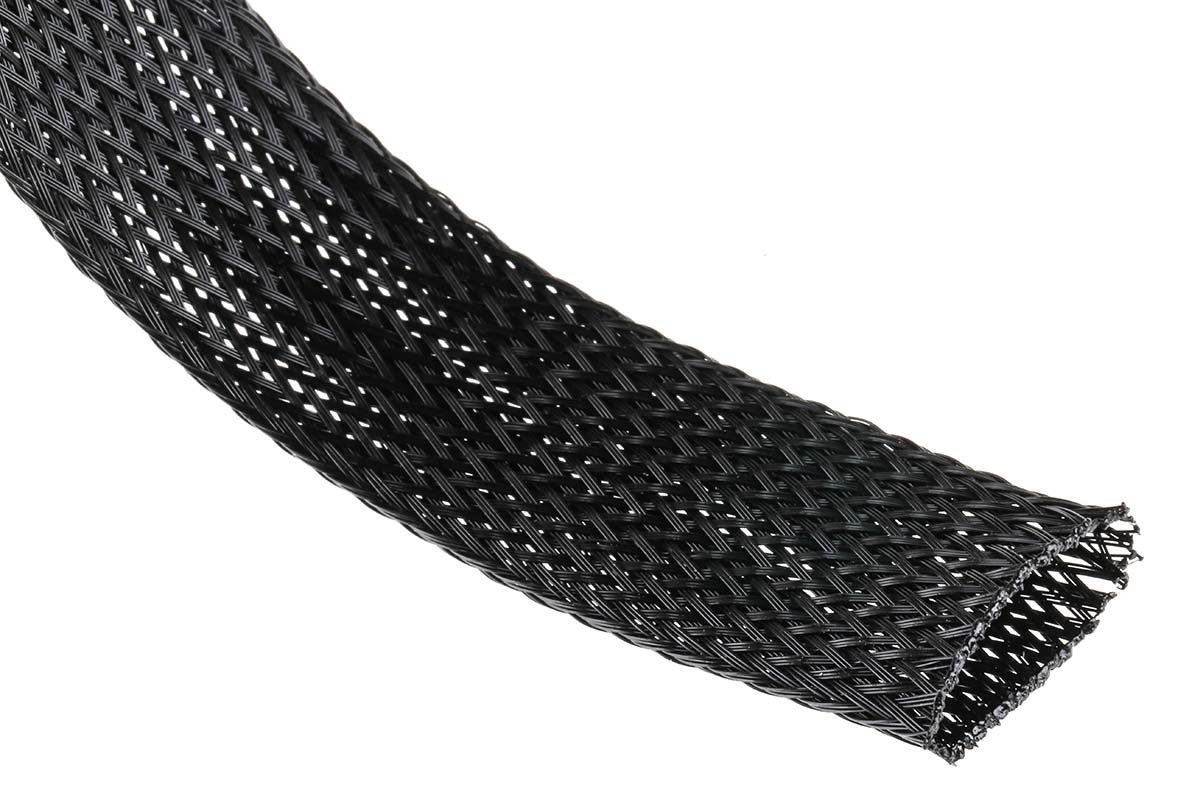 HellermannTyton Expandable Braided PET Black Cable Sleeve, 25mm Diameter, 10m Length, Helagaine HLB Series