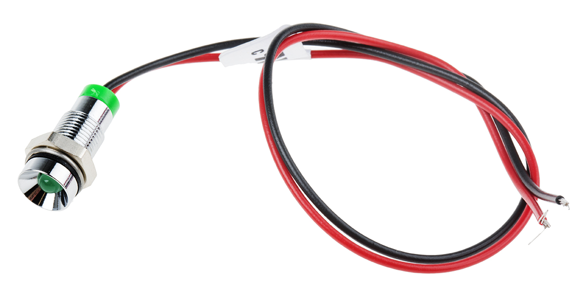 RS PRO Green Panel Mount Indicator, 2V dc, 6mm Mounting Hole Size, Lead Wires Termination, IP67