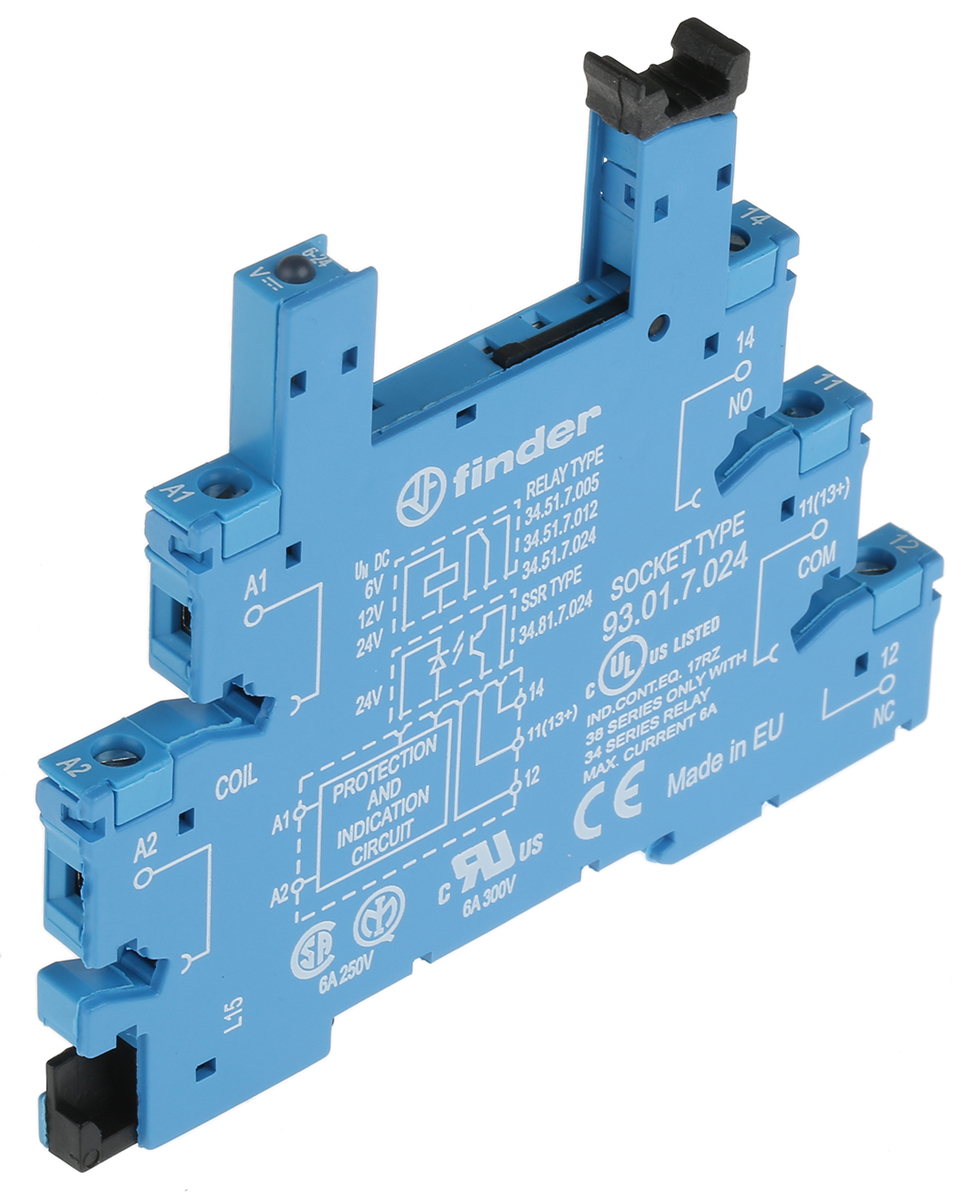 Finder 93 5 Pin 6→24V dc DIN Rail Relay Socket, for use with 34.81, 34.51 Series Relay