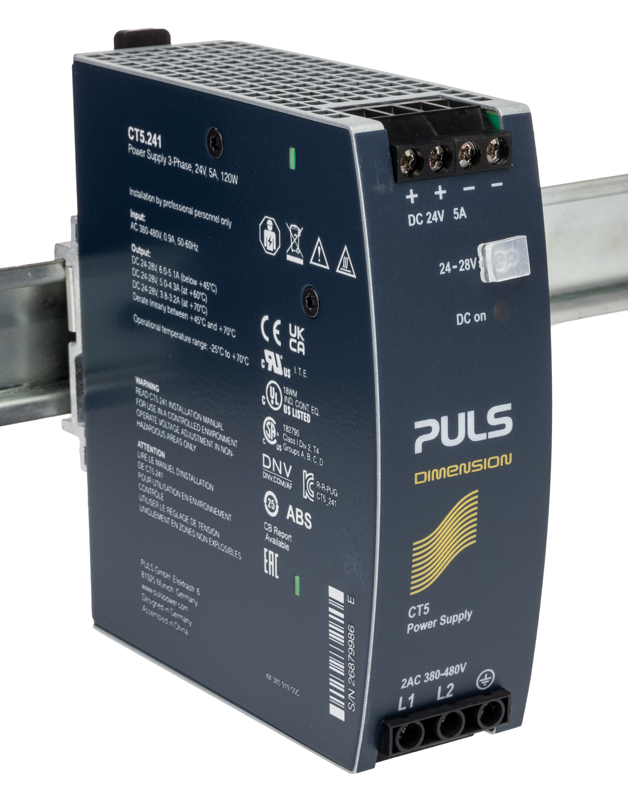 PULS DIMENSION C-Line Switched Mode DIN Rail Power Supply, 380 → 480V ac ac Input, 24V dc dc Output, 5A Output,