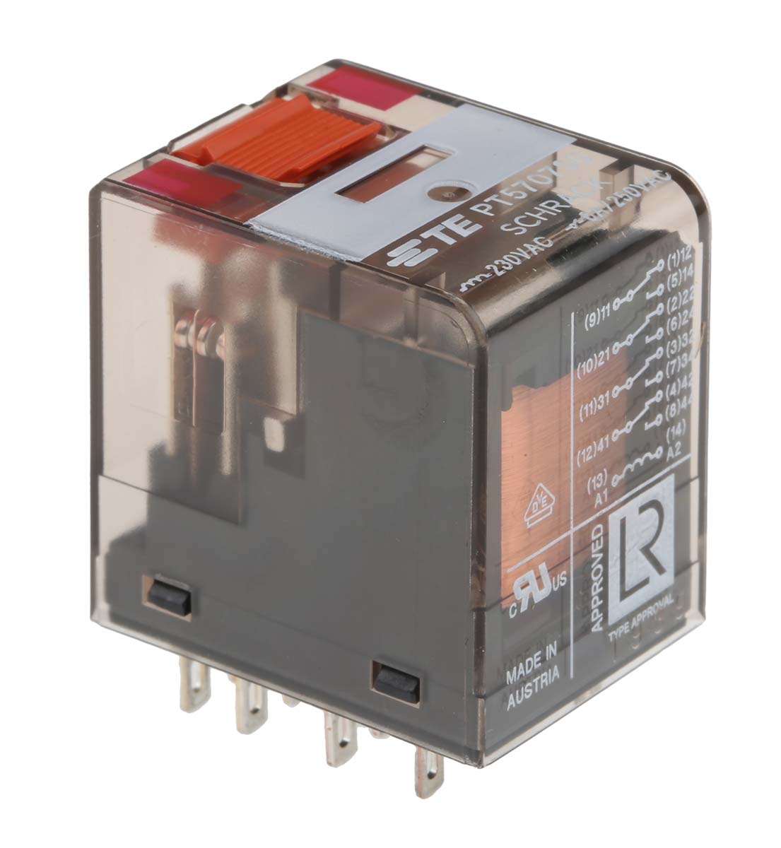 TE Connectivity PCB Mount Power Relay, 230V ac Coil, 6A Switching Current, 4PDT