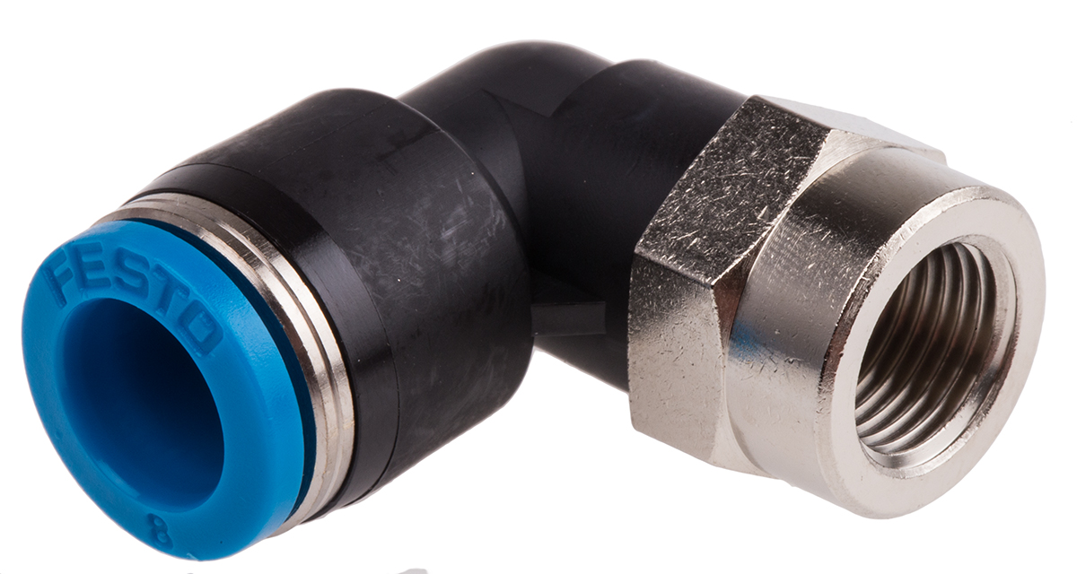 Festo QS Series Elbow Threaded Adaptor, G 1/8 Female to Push In 8 mm, Threaded-to-Tube Connection Style, 153276
