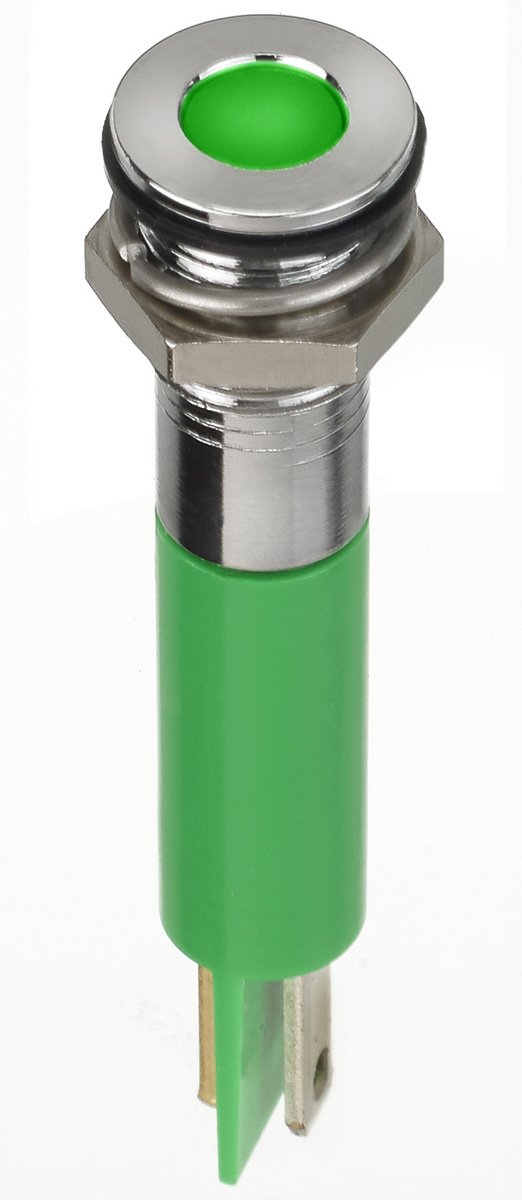 RS PRO Green Panel Mount Indicator, 2V dc, 8mm Mounting Hole Size, Faston, Solder Lug Termination, IP67