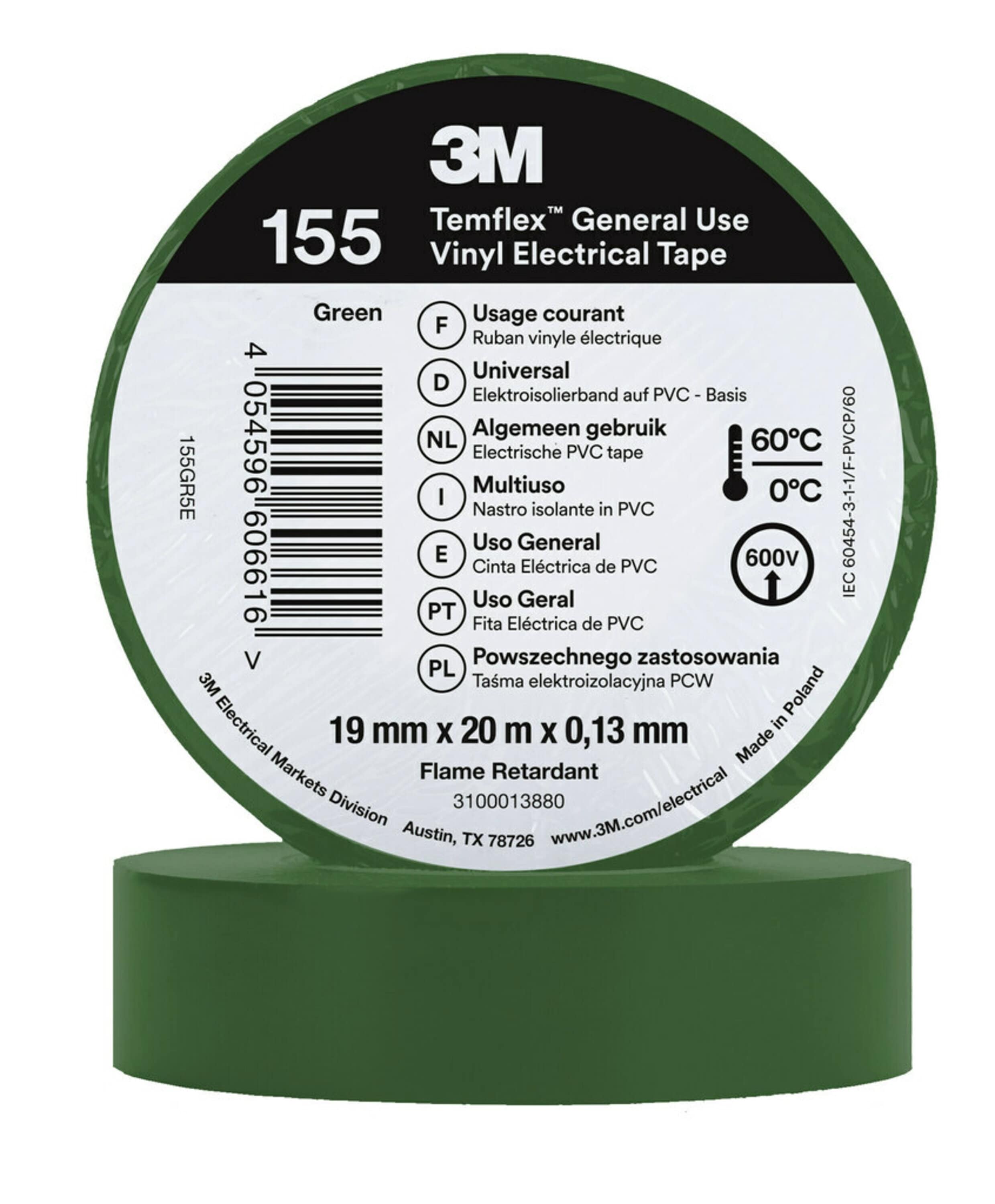 3M Temflex 155 Green Vinyl Electrical Tape, 19mm x 20m