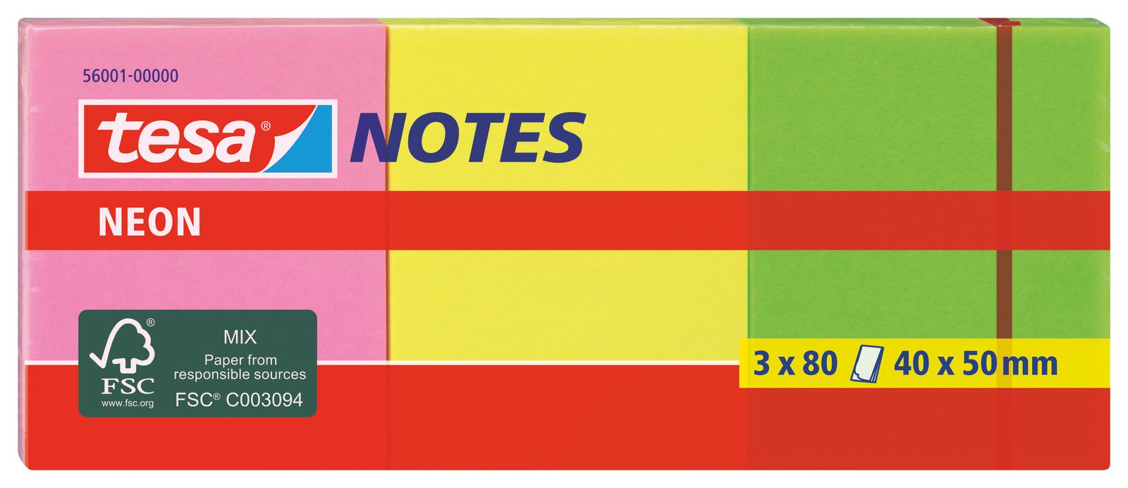 Tesa Green, Orange, Pink, Yellow Sticky Note, 100 Notes per Pad, 50mm x 40mm