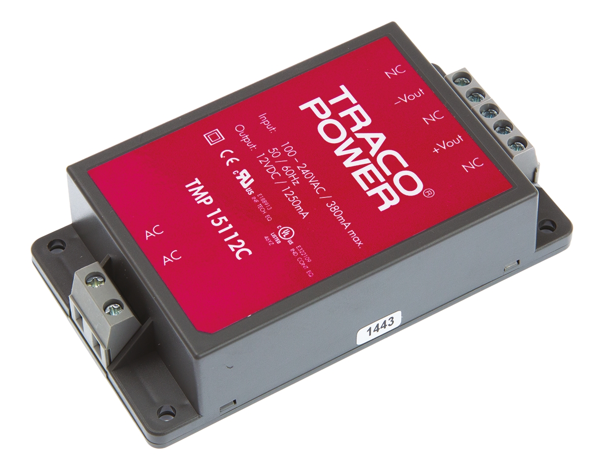 TRACOPOWER Switching Power Supply, TMP 15112C, 12V dc, 1.25A, 15W, 1 Output, 120 → 370 V dc, 85 → 264 V