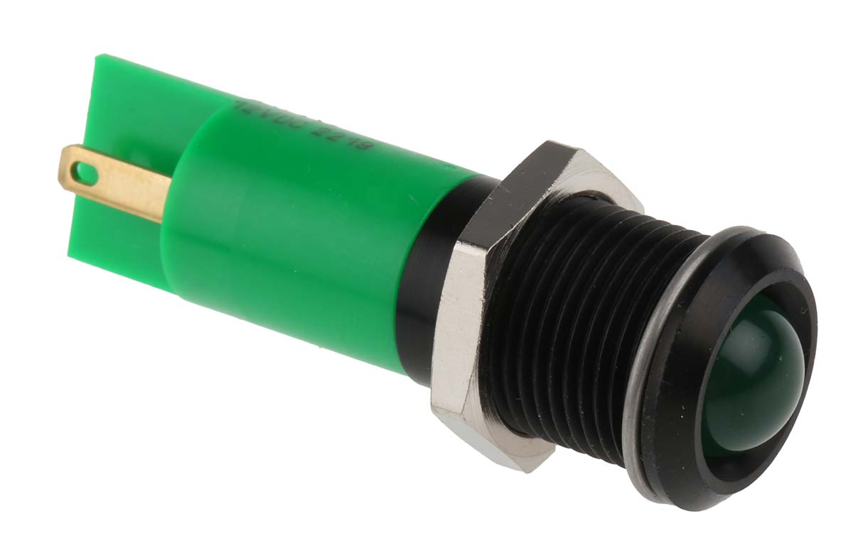 RS PRO Green Panel Mount Indicator, 12V dc, 14mm Mounting Hole Size, Solder Tab Termination