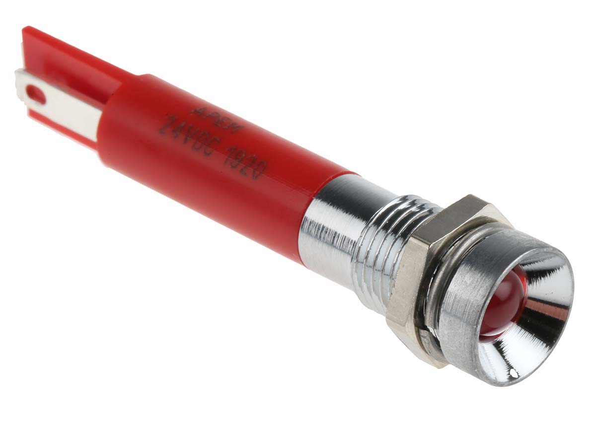 RS PRO Red Panel Mount Indicator, 24V dc, 8mm Mounting Hole Size, Solder Tab Termination