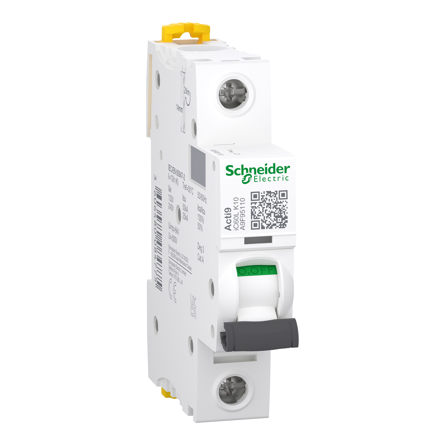 Schneider Electric Acti 9 IC60L MCB, 1P, 10A Curve K, 230V AC, 72V DC, 20 kA, 15 kA Breaking Capacity