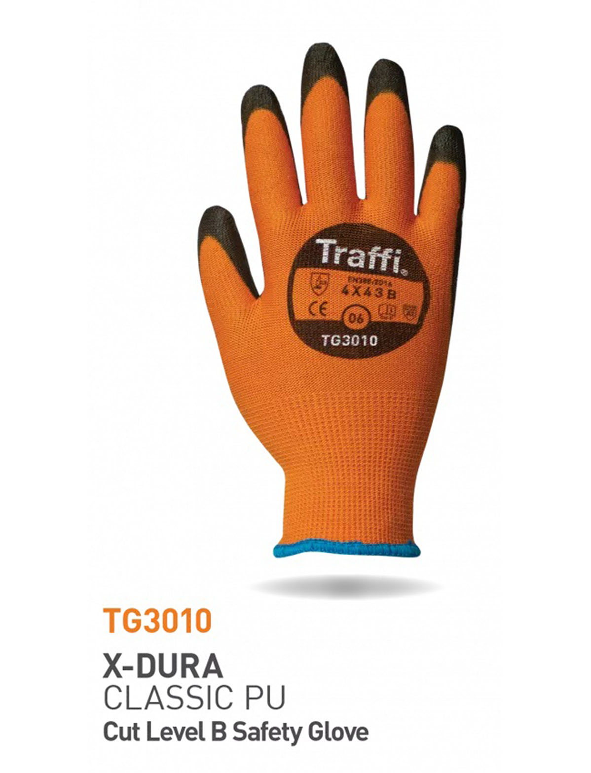 Traffi TG3010 Black, Orange Elastane, High Performance Polyethylene, Polyamide General Handling Gloves, Size 8,