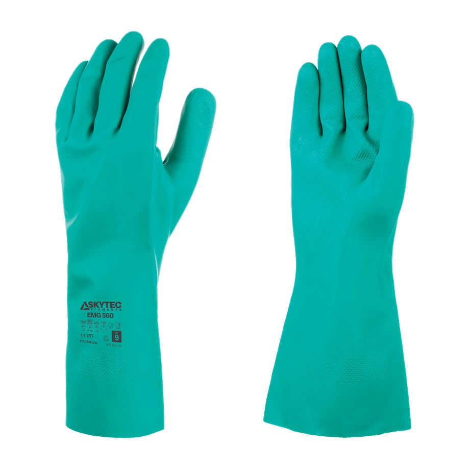 Skytec EMG560 Green Cotton Flock Cotton Chemical Resistant Gloves, Size L, Nitrile Coating