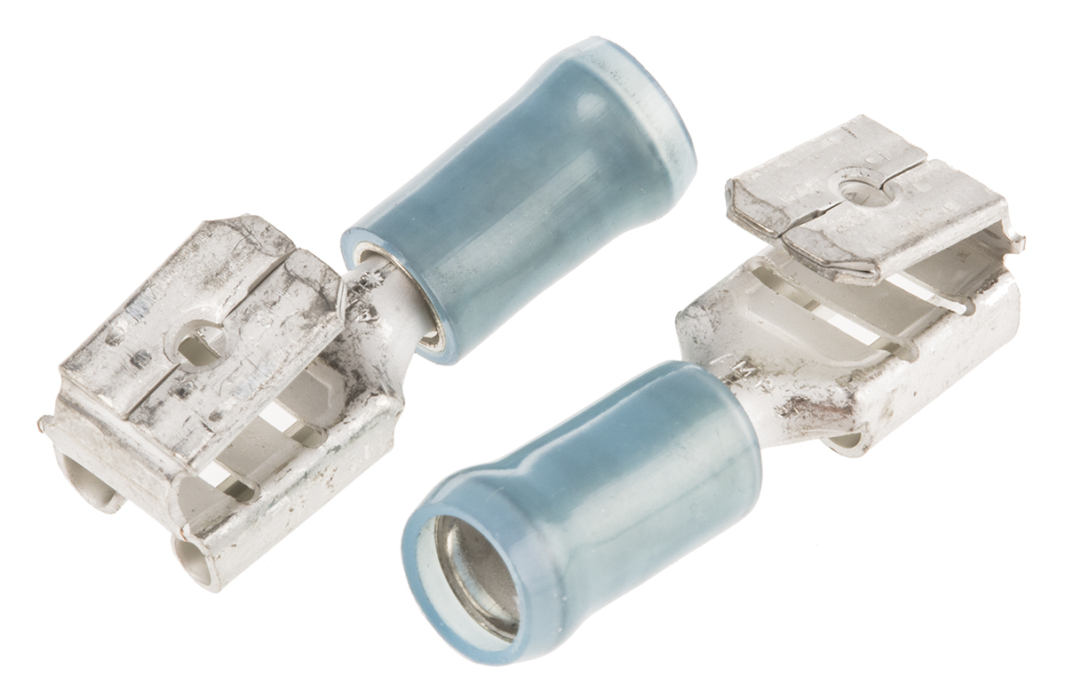 TE Connectivity PIDG FASTON .250 Blue Insulated Female Spade Connector, Piggyback Terminal, 6.35 x 0.81mm Tab Size,