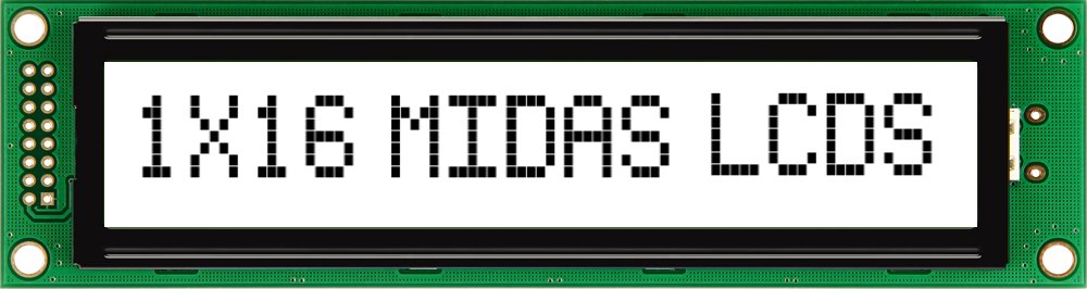 Midas MC11615A6W-FPTLW-V2 Alphanumeric LCD Display, Black on White, 1 Row by 16 Characters, Transflective
