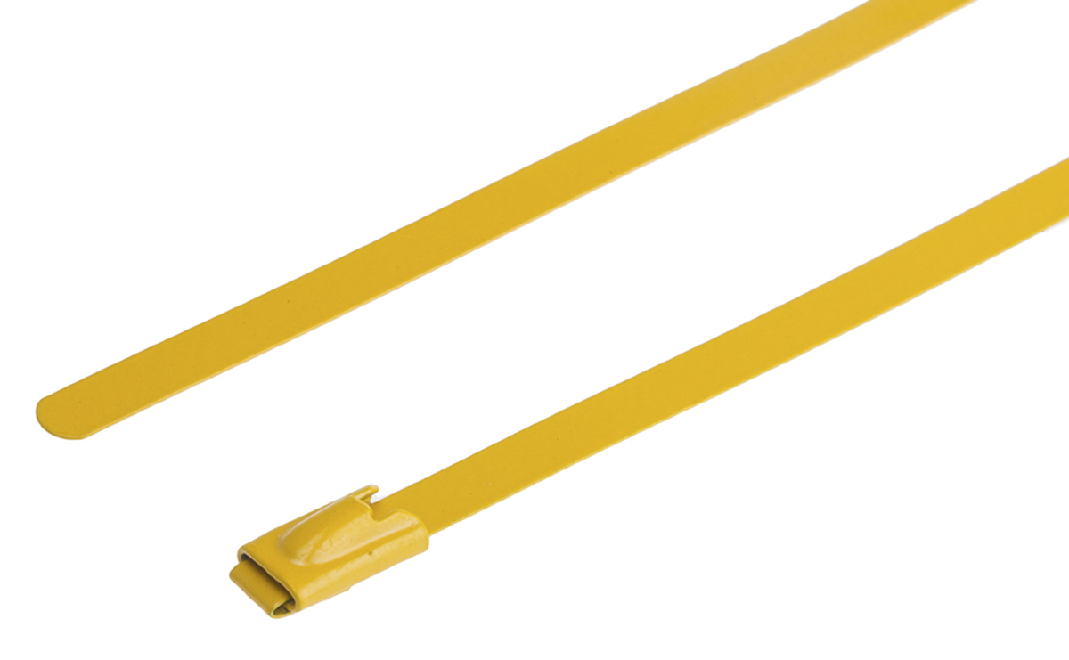 RS PRO Cable Tie, Roller Ball, 360mm x 4.6 mm, Yellow Polyester Coated Stainless Steel, Pk-100