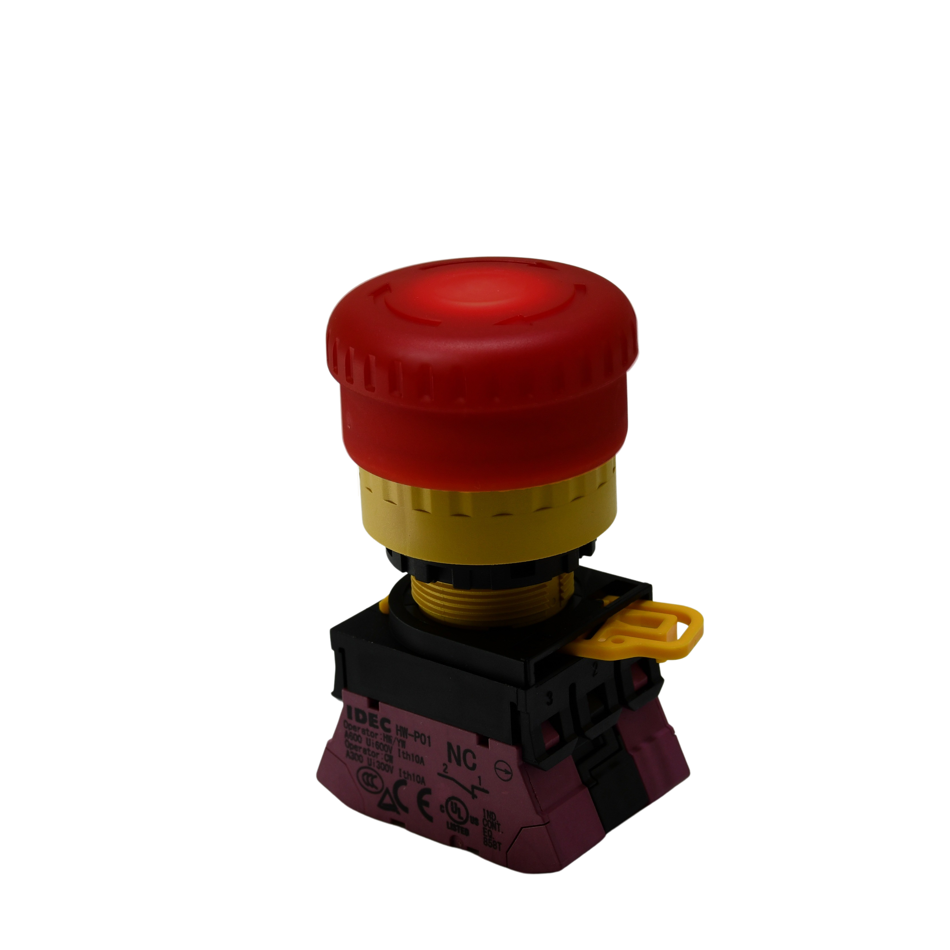 Idec YW1L Series Push Lock Turn Reset Emergency Stop Push Button, Panel Mount, 22mm Cutout, 2XNC, IP65, IP67, IP69K