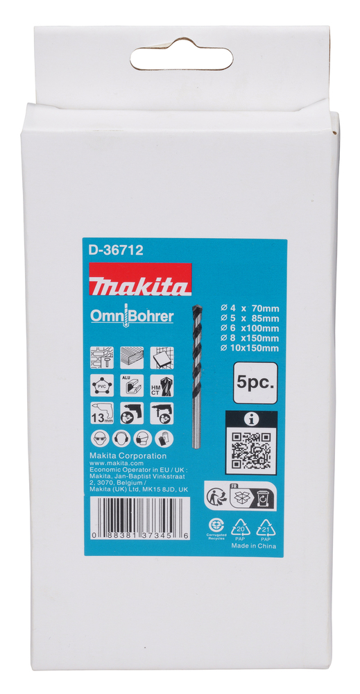 Makita 5-Piece Twist Drill Bit Set for Multi-Material, 10mm Max, 4mm Min, Tungsten Carbide Tipped Bits