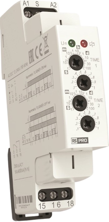 RS PRO DIN Rail Mount Timer Relay, 12 → 240V ac/dc, 1-Contact, 0.1 s → 100days, 2-Function, SPDT