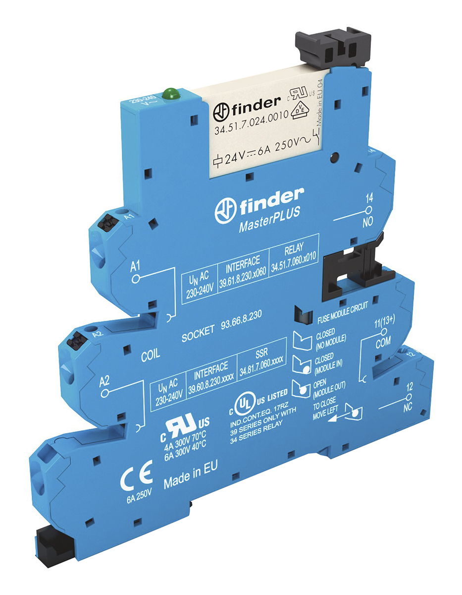 Finder 39 Series Interface Relay Module, DIN Rail Mount, 240V ac/dc Coil, SPDT, 1-Pole, 6/10A Load