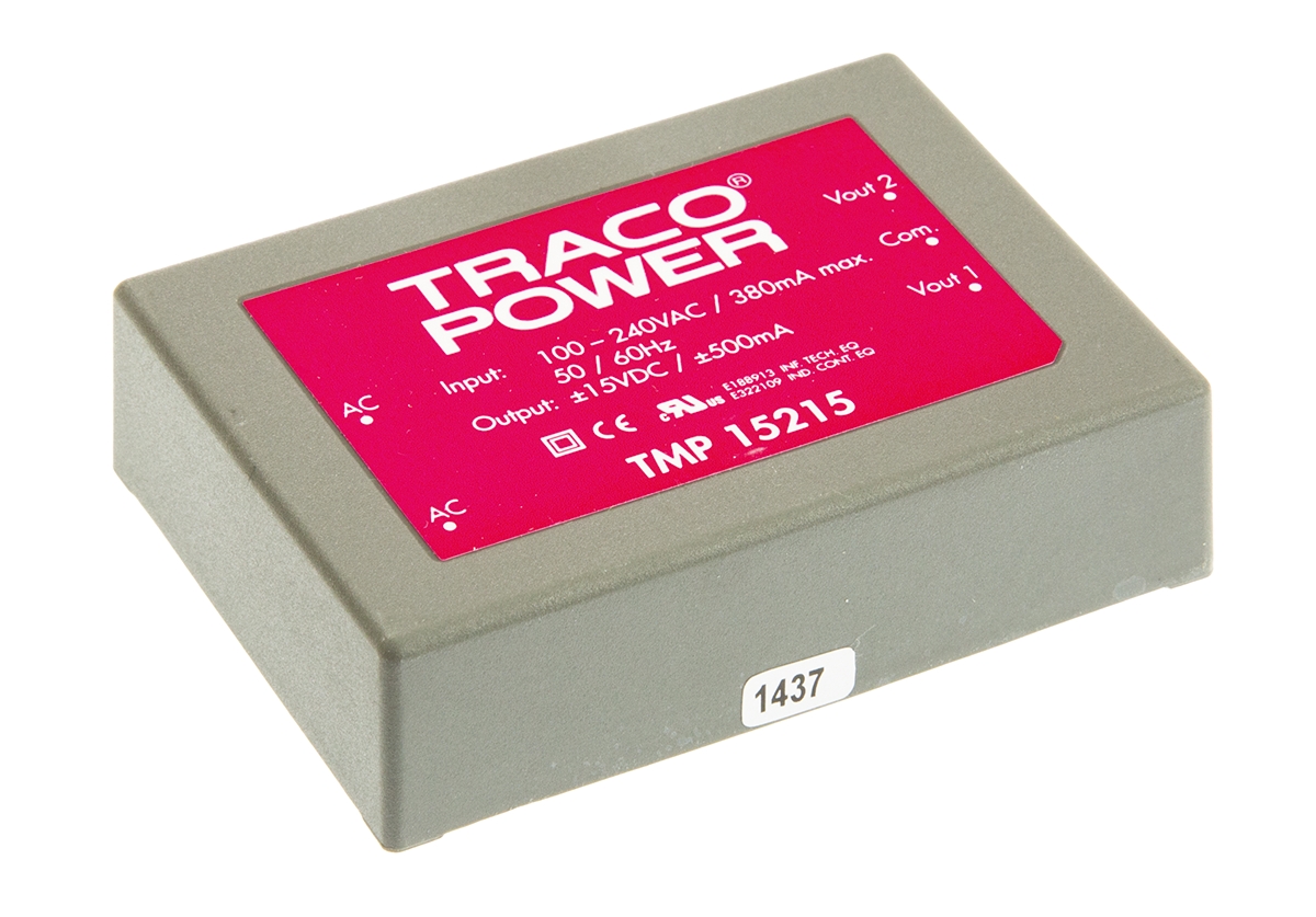TRACOPOWER Switching Power Supply, TMP 15215, ±15V dc, 500mA, 15W, Dual Output, 120 → 370 V dc, 85 → 264