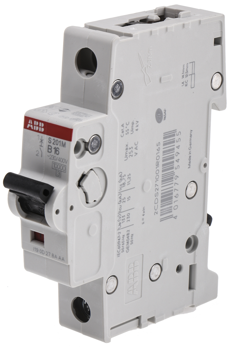 ABB System Pro M Compact S200M MCB, 1P, 16A Curve B, 253V AC, 72V DC, 10 kA Breaking Capacity