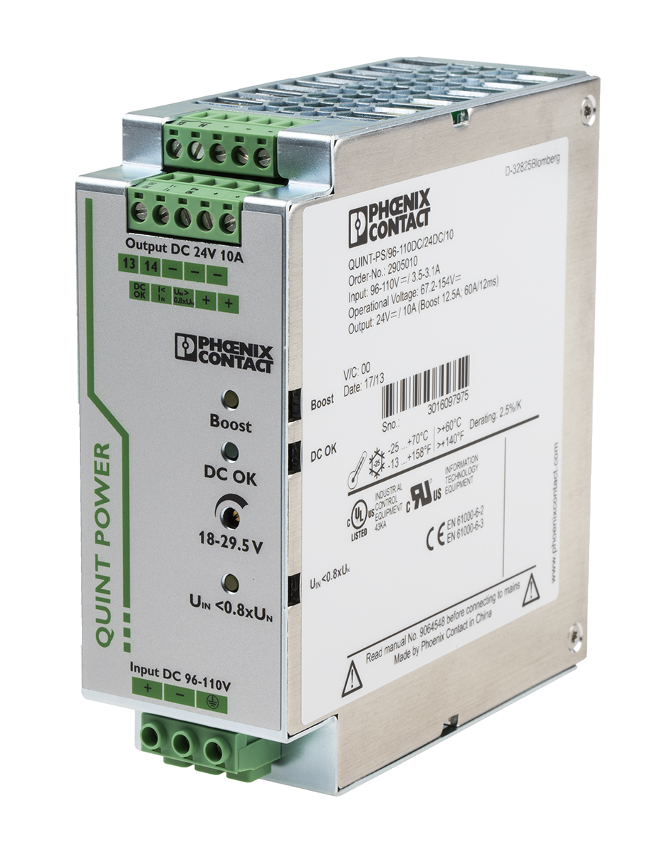 Phoenix Contact QUINT-PS/96-110DC/24DC/10 DC-DC Converter, 24V dc/ 10A Output, 67.2 → 154 V dc Input, 22W, DIN