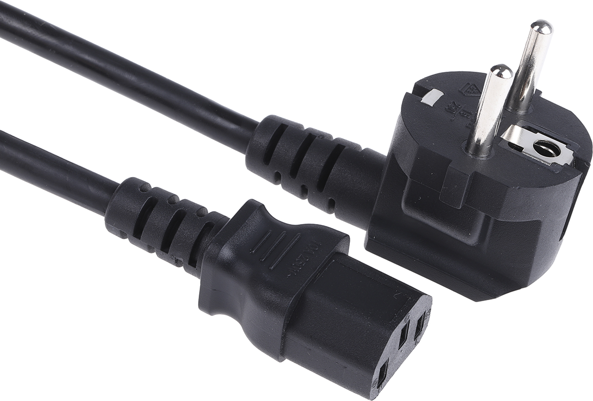 RS PRO Straight IEC C13 Socket to Right Angle CEE 7/7 Plug Power Cord, 2m
