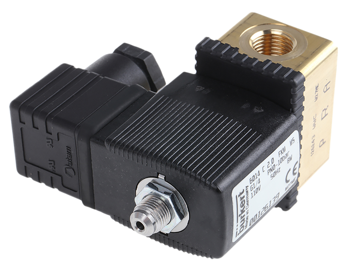 Burkert Solenoid Valve 126139, 3 Port, NC, 110 V ac 6.35 mm, 6.35 mm