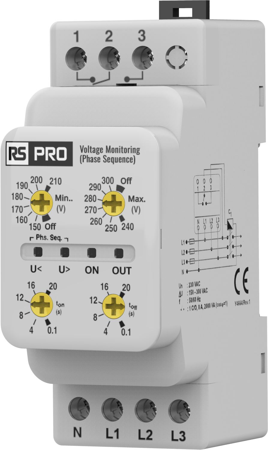 RS PRO Phase, Voltage Monitoring Relay, Three Phase, CO, 150 → 210, 240 → 300V ac, DIN Rail
