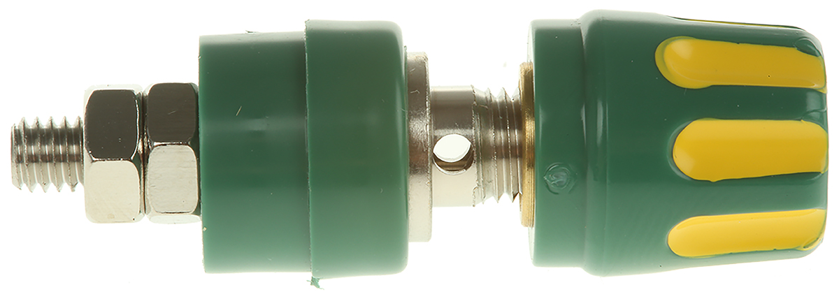 Hirschmann Test & Measurement 35A, Green/Yellow 27 mm Test Terminal With Brass Contacts and Nickel Plated - 8mm Hole